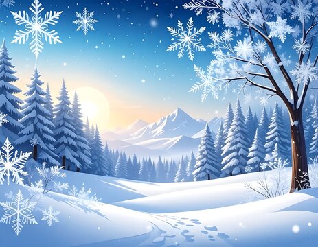 Snowy winter landscape with fir trees and mountains - Powered by Adobe