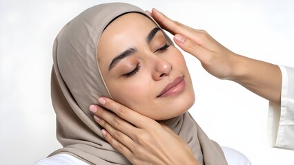 Serene Portrait of a Young Model with Closed Eyes, Gentle Hands Caressing Her Face, Expressing Calm and Tranquility in a Studio Setting