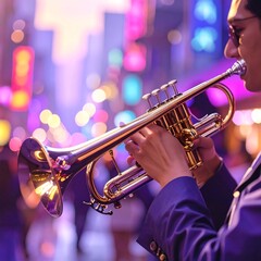 A musician plays a trumpet outdoors at night
