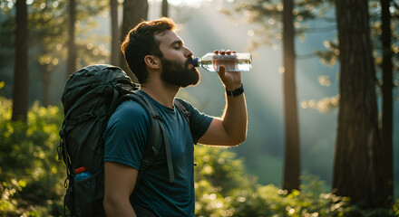 Young Man Drinking Water in Forest During Hike with Backpack in Natural Light