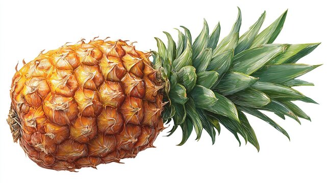 A realistic, detailed rendering of a whole pineapple, showing golden segmented fruit & green crown