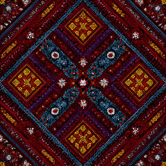 Intricate Ethnic Textile Pattern with Geometric and Floral Motifs in Red, Blue, and Gold