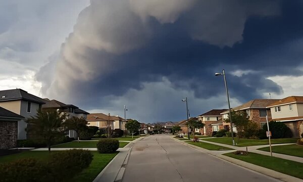 Suburban street with houses under a dramatic, dark storm cloud formation homes residential