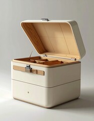 Modern, open, wooden-lined storage box