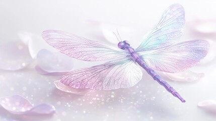 Fototapeta premium Delicate dragonfly, soft pastel hues, surrounded by rose petals and light
