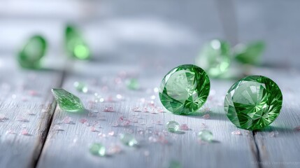 Lush Green Gemstones with Sparkling Highlights on Weathered Wooden Surface in Cinematic Macro