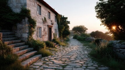 Rustic Stone House Exterior with Cobblestone Path Leading to The Entrance at Sunset in Cinematic HDR Architecture