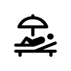 A person is relaxing on a lounge chair under an umbrella on a beach in a simple black and white drawing