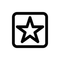 A black outlined five pointed star inside a rounded corner square frame on a white background illustration
