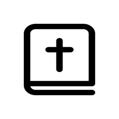 Illustration of a closed book with a christian cross on the cover in black and white simple outline style