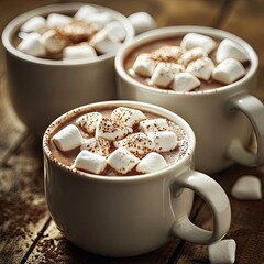 Three mugs of hot chocolate topped with marshmallows