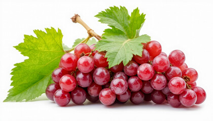 Fototapeta premium A close-up shot showcases a bunch of fresh, juicy red grapes, accompanied by vibrant green leaves, set against a clean white backdrop.