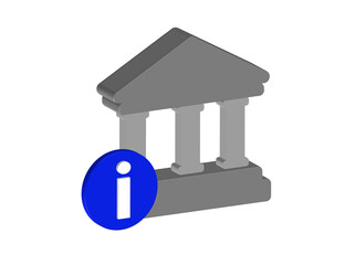 Simple 3D illustration of a bank icon with an information sign. Transparent background, PNG format.