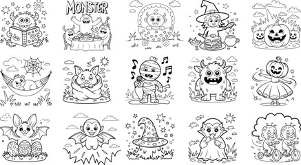 Naklejka premium Halloween Coloring Pages Featuring Monsters Vampires Pumpkins and Witches coloring book