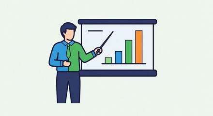A business presentation, featuring a man pointing to a bar graph on a screen, illustrating growth and data analysis