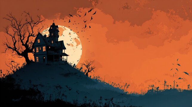 Spooky house on a hill under full moon with bats at orange dusk