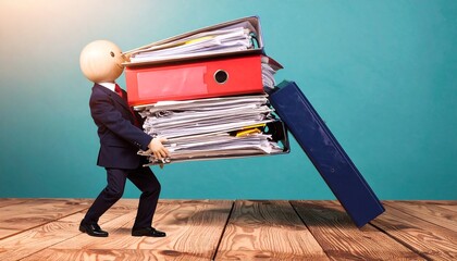 A small figure carrying a heavy file load