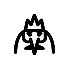Stylized black and white drawing of a bird with a crown on its head and a sharp beak pointing downward