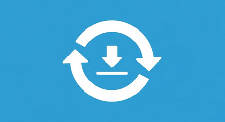 A white download and update icon on a blue background, symbolizing software updates, data transfer, and system maintenance