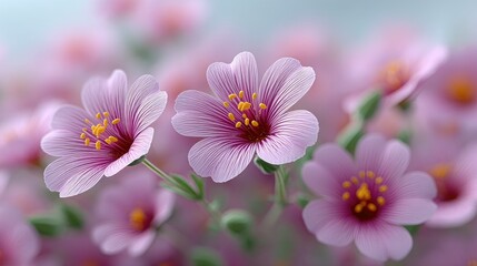 Close Up of Delicate Pink Blossoms with Golden Stamens Soft Focus Background Cinematic Lighting and Floral Details