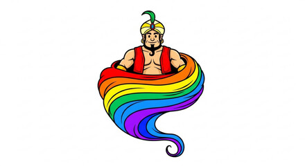 A cartoon genie with a rainbowcolored tail emerges from a lamp, he wears a turban and vest, and has a muscular build