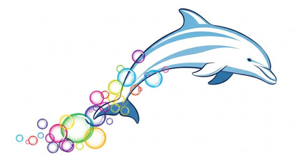 A delightful illustration of a dolphin leaping through the air, surrounded by colorful bubbles, a playful and charming design