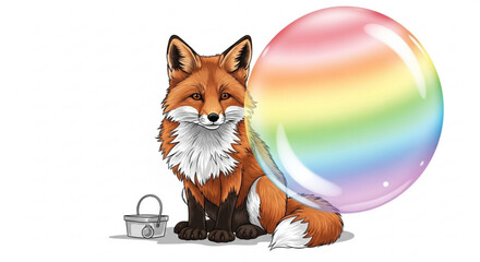 A charming fox sits beside a shimmering rainbow bubble and a small bucket, creating a whimsical and colorful scene