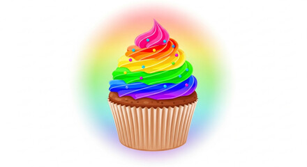 A delightful rainbow cupcake, adorned with vibrant colors and sprinkles, perfect for celebrating pride and sweet treats