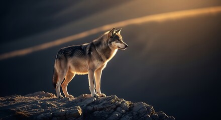 A majestic wolf stands stoically on a rocky outcrop, bathed in the warm glow of the rising sun, its gaze fixed on the horizon