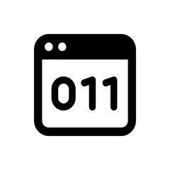 Black and white icon of a calendar with two circles at the top and the number zero eleven in the middle
