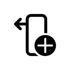 Black icon showing an arrow pointing left exiting a rounded rectangle shape with a plus sign circle attached