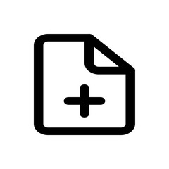 Obraz premium Illustration of a document icon with a folded corner and a plus sign in the center in black outline