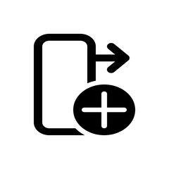 Fototapeta premium Black icon showing a rectangle with an arrow pointing right and a plus sign inside a circle below it
