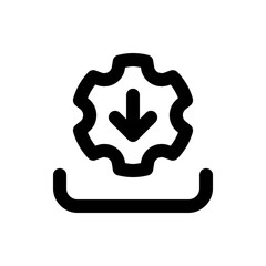 Black download icon featuring a gear shape with an arrow pointing down into a curved line shape below it