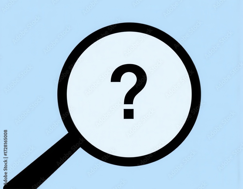 Wall mural close up magnifier glass with question mark concept of finding or searching for idea search for info