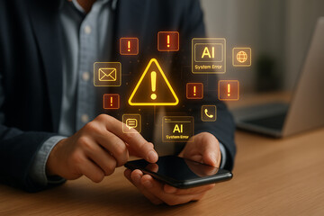 "Artificial intelligence system error with mobile phone alert, digital malfunction, cybersecurity risk warning and technology failure concept"