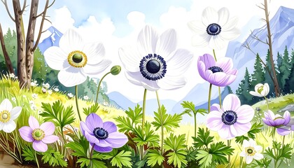 A springtime meadow with anemones in front of a mountain backdrop