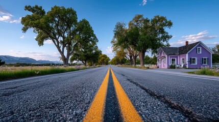 Rural Road with Yellow Lines Passing Trees Leading to Purple House Under Clear Blue Sky in Daytime