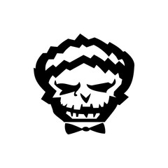 A stylized black and white illustration of a skull wearing a bow tie with a jagged afro hairstyle