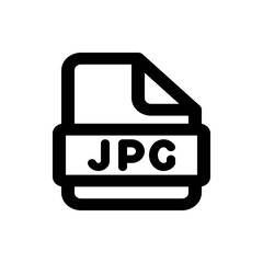A simple black and white icon illustration of a jpg file format symbol on a clean white background view