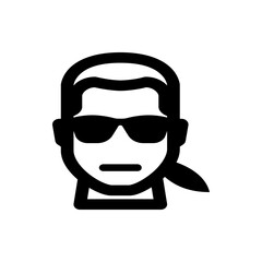A stylized black and white icon depicting a person with sunglasses and a ponytail on a white background