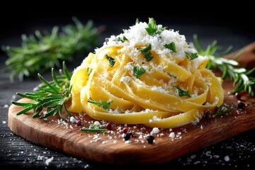 Close Up of Fresh Fettuccine Pasta Sprinkled with Parmesan Cheese and Green Herbs on Wooden Board with Rosemary against Dark Background