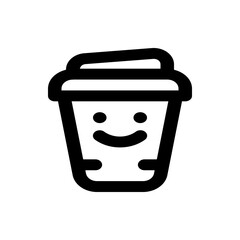 A simple black and white illustration of a coffee cup with a smiling face and a lid on a white background