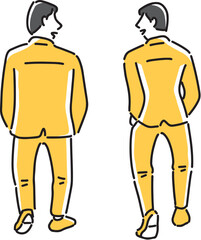 歩きながら会話する後ろ姿の男性