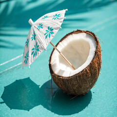 Half coconut with a cocktail umbrella on turquoise background