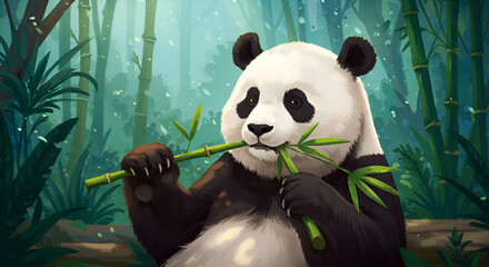 Cute Panda Bear Sitting in Bamboo Forest Eating Bunch of Bamboo
