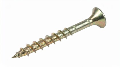 A single, shiny gold-colored wood screw with a flat countersunk head, isolated on a clean white background. A metal fastener for carpentry, construction, and home improvement projects