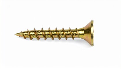 A single gold-colored wood screw featuring a self-tapping point and a countersunk cross-drive head, isolated on a clean white background