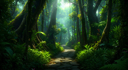 Lush Green Tropical Forest Path Sunlight Filtering Through Dense Trees