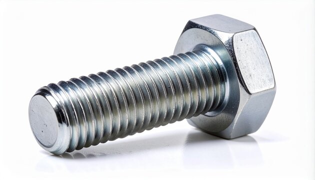 Close-up of a single industrial steel hex bolt with a bright zinc plated finish, showing the detailed threads against a white background